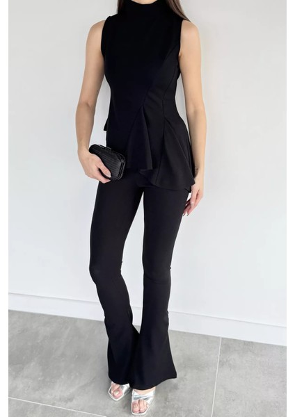 Kadın Dik Yaka Bluz Bel Lastikli Paça Büzgülü Pantolon Ikili Takım P-00019255 fiyatları