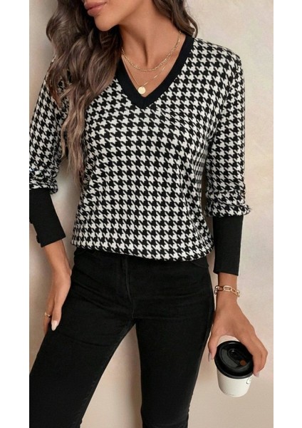 Meğdaix Kadın Uzun Kollu V Yakalı Desenli Süprem Bluz modelleri