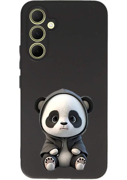 Samsung Galaxy A35 ile Uyumlu Sevimli Panda (0214D) Tasarımlı Siyah Lansman Kılıf