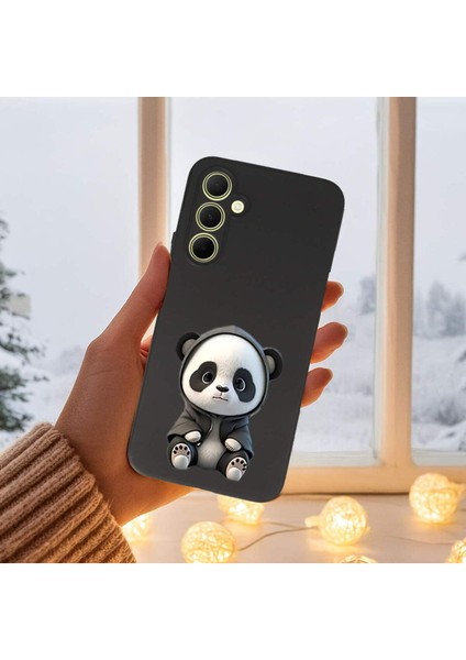 Samsung Galaxy A35 ile Uyumlu Sevimli Panda (0214D) Tasarımlı Siyah Lansman Kılıf