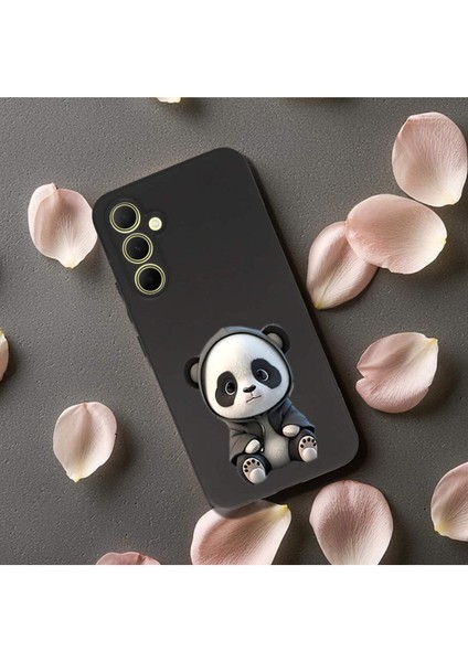 Samsung Galaxy A35 ile Uyumlu Sevimli Panda (0214D) Tasarımlı Siyah Lansman Kılıf