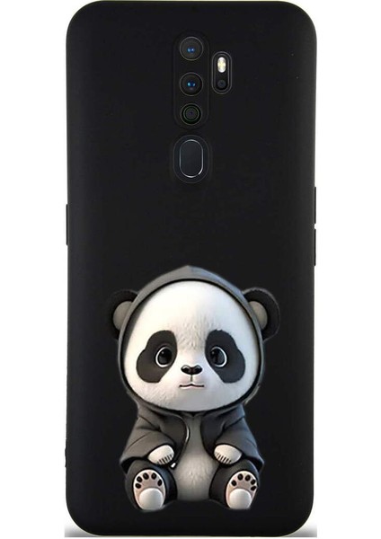 Oppo A5 2020 ile Uyumlu Sevimli Panda (0214D) Tasarımlı Siyah Lansman Kılıf