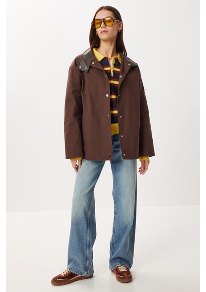 Kontrast Deri Yaka Detaylı Gabardin Ceket LFN0139 Kahverengi