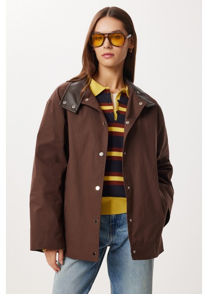 Kontrast Deri Yaka Detaylı Gabardin Ceket LFN0139 Kahverengi fiyatları