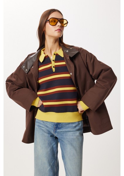 Kontrast Deri Yaka Detaylı Gabardin Ceket LFN0139 Kahverengi modelleri