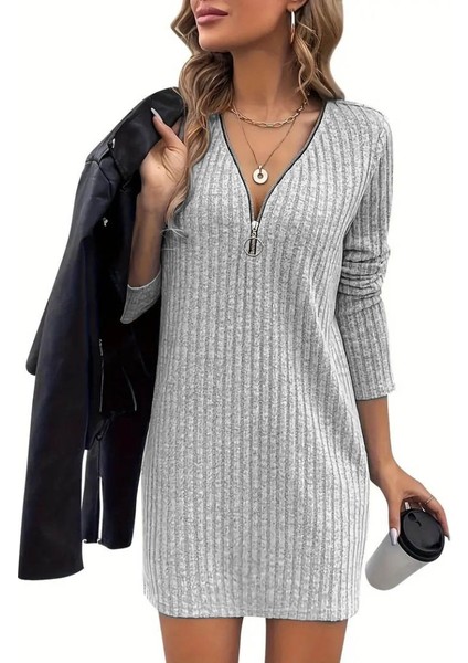 Meğdaix Kadın Uzun Kollu Yakadan Fermuarlı Kısa Şardonlu Kaşkorse Elbise fırsatları