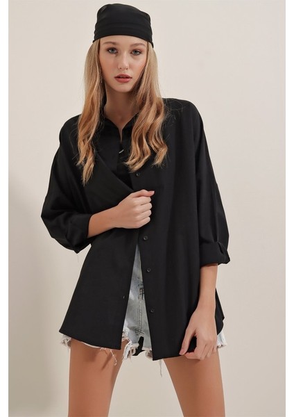 Meğdaix Siyah Oversize Uzun Basic Gömlek 3900