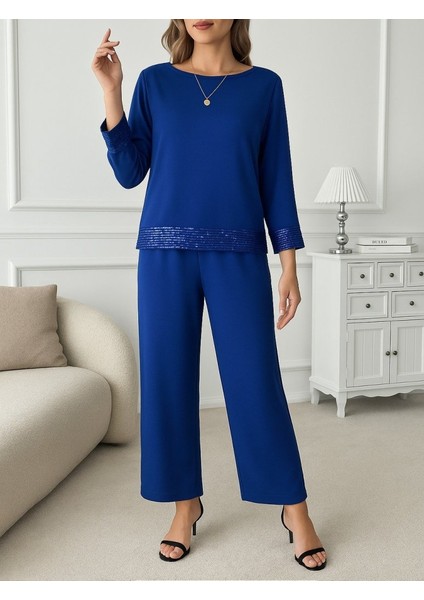 Meğdaix Kadın Uzun Kollu Bisiklet Yaka Pulpayetli Viskon Iki Iplik Bluz ve Pantolon Ikili Takım fiyatları