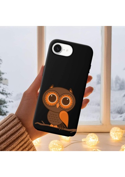 iPhone 16E ile Uyumlu Baykuş (0214A) Tasarımlı Siyah Lansman Silikon Kılıf