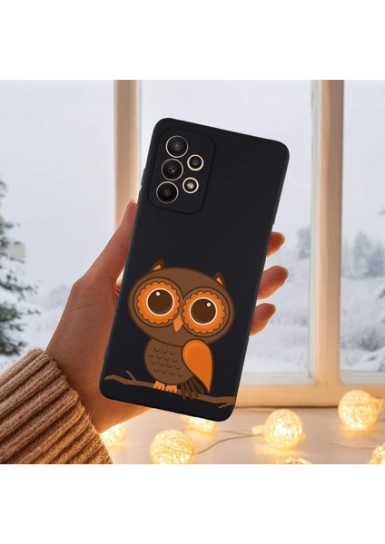 Samsung Galaxy A23 ile Uyumlu Baykuş (0214A) Tasarımlı Siyah Lansman Silikon Kılıf