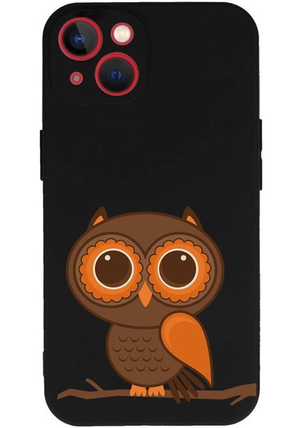 iPhone 13 Mini ile Uyumlu Baykuş (0214A) Tasarımlı Siyah Lansman Silikon Kılıf