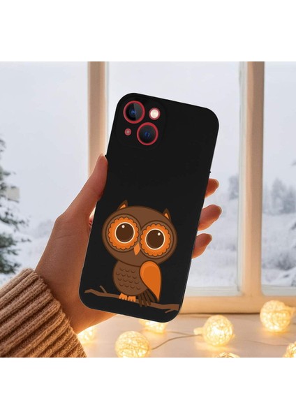 iPhone 13 Mini ile Uyumlu Baykuş (0214A) Tasarımlı Siyah Lansman Silikon Kılıf