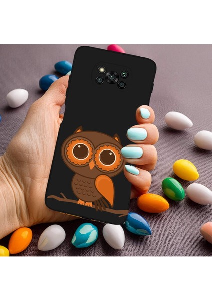 Poco X3 Nfc ile Uyumlu Baykuş (0214A) Tasarımlı Siyah Lansman Silikon Kılıf modelleri