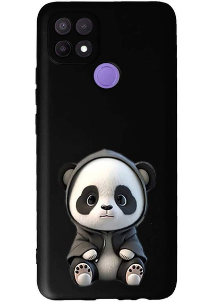 Oppo A15S ile Uyumlu Sevimli Panda (0214D) Tasarımlı Siyah Lansman Kılıf