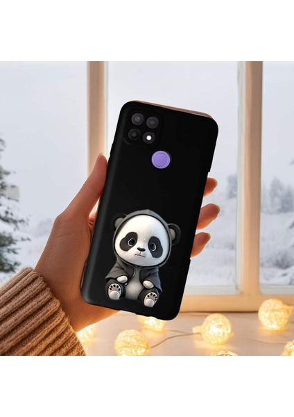 Oppo A15S ile Uyumlu Sevimli Panda (0214D) Tasarımlı Siyah Lansman Kılıf
