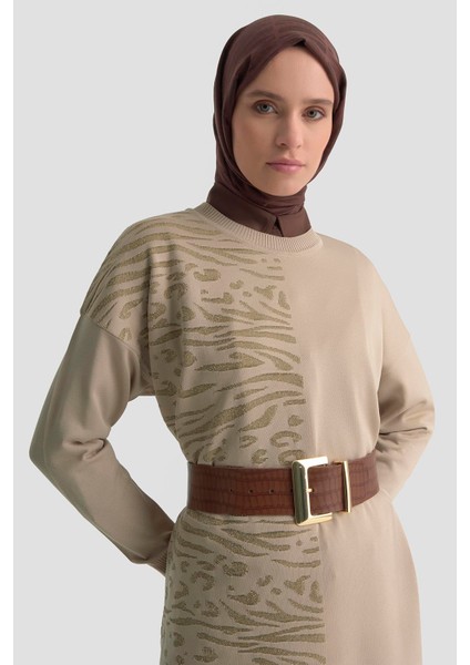 Leopar Desen Triko Tunik 25KTD4116 Bej