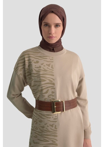 Leopar Desen Triko Tunik 25KTD4116 Bej modelleri