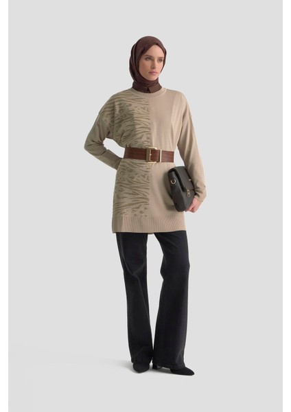 Leopar Desen Triko Tunik 25KTD4116 Bej fırsatları