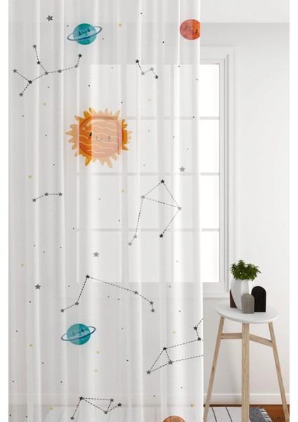 Tül Perde Seyrek Pile (1x2) Çocuk Odası Tül Perde Çocuk Odası Beyaz Perde Uzay Gezegen Desenli Perde modelleri