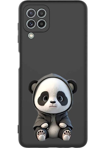 Samsung Galaxy A22 ile Uyumlu Sevimli Panda (0214D) Tasarımlı Siyah Lansman Kılıf