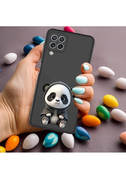 Samsung Galaxy A22 ile Uyumlu Sevimli Panda (0214D) Tasarımlı Siyah Lansman Kılıf modelleri