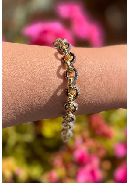 Yuvarlak Iç Içe Geçilmiş Gold Parlak Taşlı Zirkon Çelik Bileklik