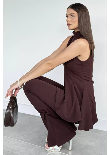 Kadın Dik Yaka Bluz Bel Lastikli Paça Büzgülü Pantolon Ikili Takım P-00019255