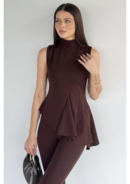 Kadın Dik Yaka Bluz Bel Lastikli Paça Büzgülü Pantolon Ikili Takım P-00019255 fırsatları