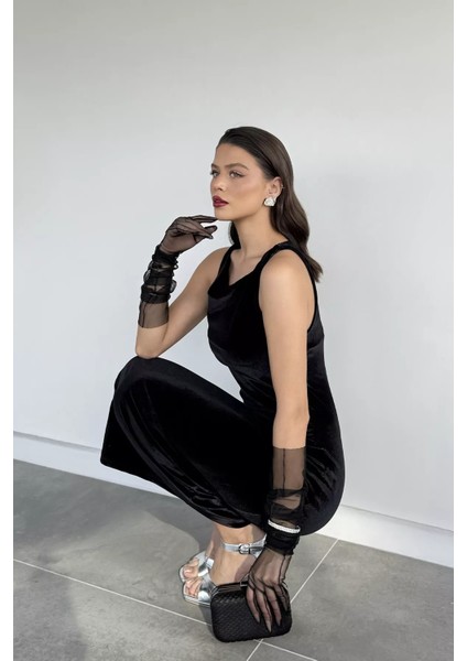 Kadın Bel Büzgü Detaylı Likralı Kadife Elbise P-00019256