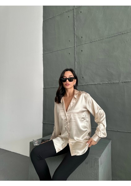 Bej Saten Oversize Gömlek
