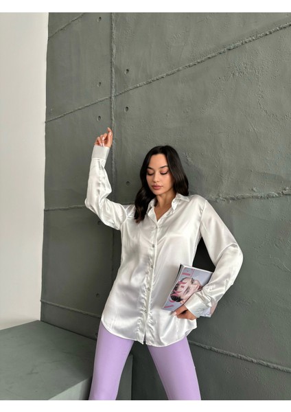 Beyaz Saten Oversize Gömlek
