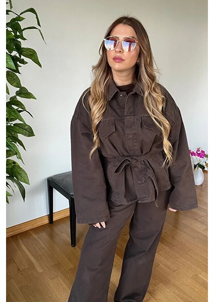 Kahverengi Denim Patlı Yaka Bağlama Detaylı Gömlek Ceketli Pantolon Kışlık Kadın Kaliteli Takım