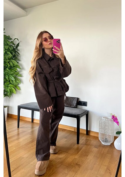 Kahverengi Denim Patlı Yaka Bağlama Detaylı Gömlek Ceketli Pantolon Kışlık Kadın Kaliteli Takım fiyatları