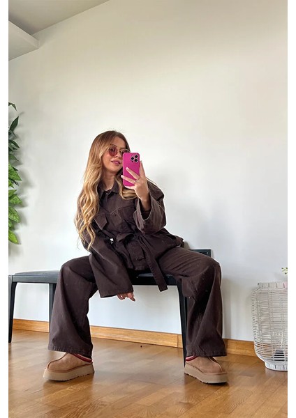 Kahverengi Denim Patlı Yaka Bağlama Detaylı Gömlek Ceketli Pantolon Kışlık Kadın Kaliteli Takım modelleri