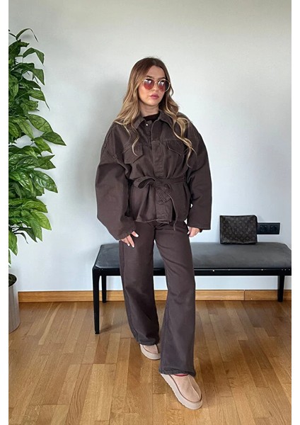 Kahverengi Denim Patlı Yaka Bağlama Detaylı Gömlek Ceketli Pantolon Kışlık Kadın Kaliteli Takım fırsatları