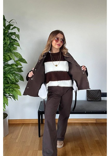 Kahverengi Denim Patlı Yaka Bağlama Detaylı Gömlek Ceketli Pantolon Kışlık Kadın Kaliteli Takım indirimleri