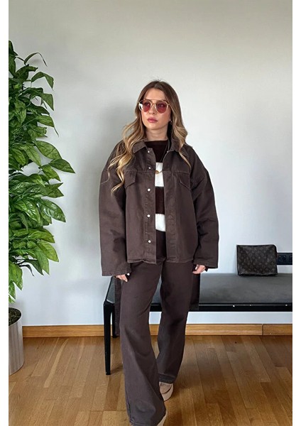 Kahverengi Denim Patlı Yaka Bağlama Detaylı Gömlek Ceketli Pantolon Kışlık Kadın Kaliteli Takım