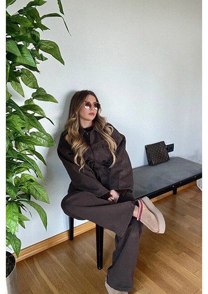 Kahverengi Denim Patlı Yaka Bağlama Detaylı Gömlek Ceketli Pantolon Kışlık Kadın Kaliteli Takım
