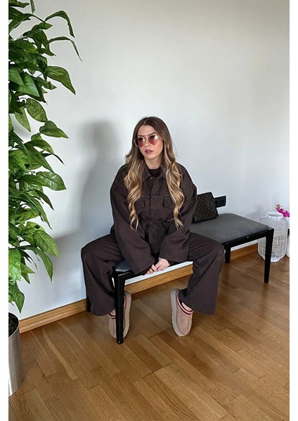 Kahverengi Denim Patlı Yaka Bağlama Detaylı Gömlek Ceketli Pantolon Kışlık Kadın Kaliteli Takım