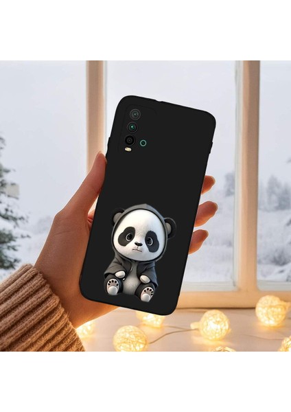 Xiaomi Redmi 9t ile Uyumlu Sevimli Panda (0214D) Tasarımlı Siyah Lansman Kılıf