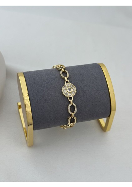 Özel Seri Geometrik Figür Zincir Detay Zirkon Taşlı Daire Plaka Bileklik