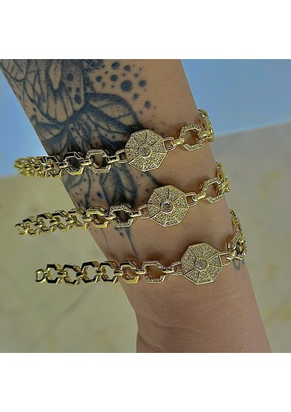 Özel Seri Geometrik Figür Zincir Detay Zirkon Taşlı Daire Plaka Bileklik modelleri