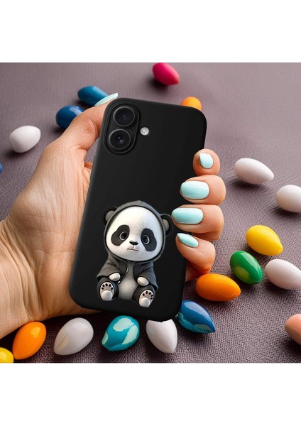 iPhone 16 ile Uyumlu Sevimli Panda (0214D) Tasarımlı Siyah Lansman Kılıf modelleri