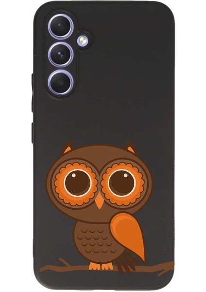 Samsung Galaxy A54 ile Uyumlu Baykuş (0214A) Tasarımlı Siyah Lansman Silikon Kılıf