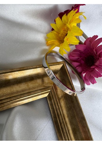 Çelik Gümüş Renk Zirkon Taşlı Bileklik