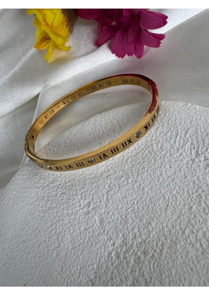 Roma Rakam Ince Taşlı Gümüş Çelik Bileklik