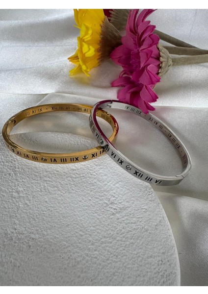 Roma Rakam Ince Taşlı Gümüş Çelik Bileklik fiyatları