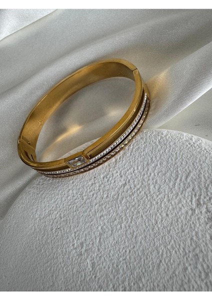 Çelik Gold Baget Taşlı Kelepçe Bilezik