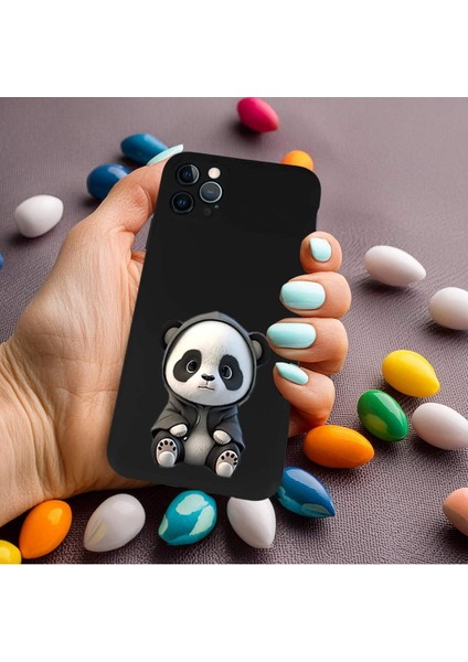 iPhone 12 Pro Max ile Uyumlu Sevimli Panda (0214D) Tasarımlı Siyah Lansman Kılıf modelleri