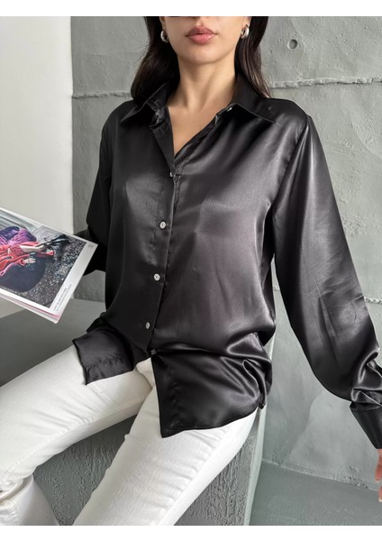 Siyah Saten Oversize Gömlek